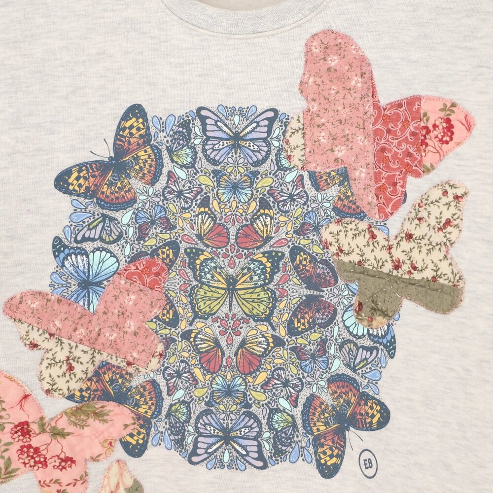 Upcycled Reworked Quilted Patch Butterfly Sweatshirt Light Gray - Picture 2 of 6